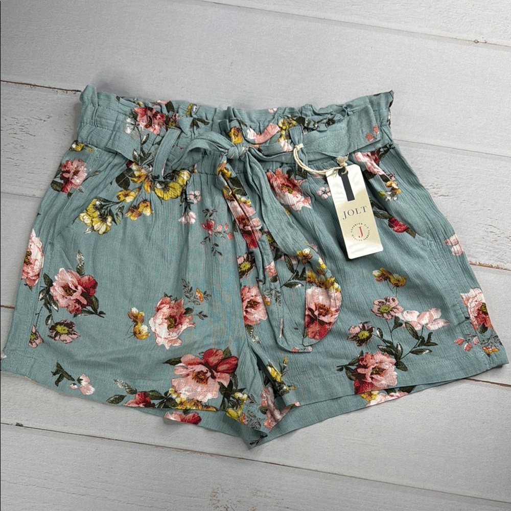 Jolt High Waist Paper Bag Style Floral Elastic Waistband Tie Shorts Size Small